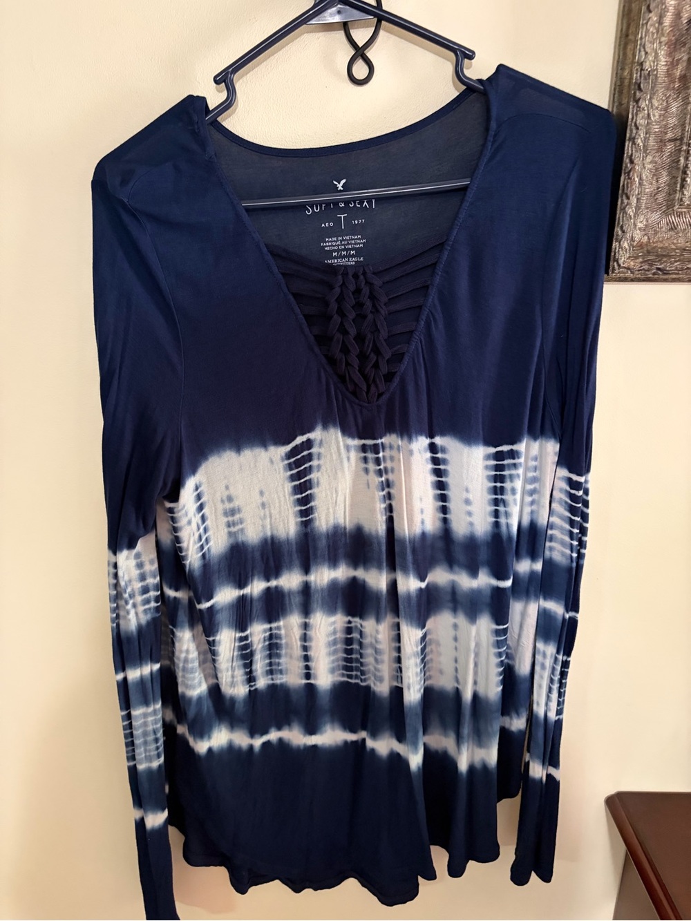 American Eagle Outfitters Navy and White Tie-Dye Long Sleeve Top